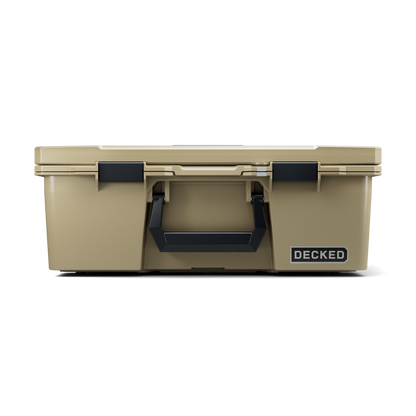 DECKED Halfrack 32 Case - Includes one (1) weatherproof 32-liter latching case and two (2) Case Dividers - In Desert Tan with black latches by DECKED
