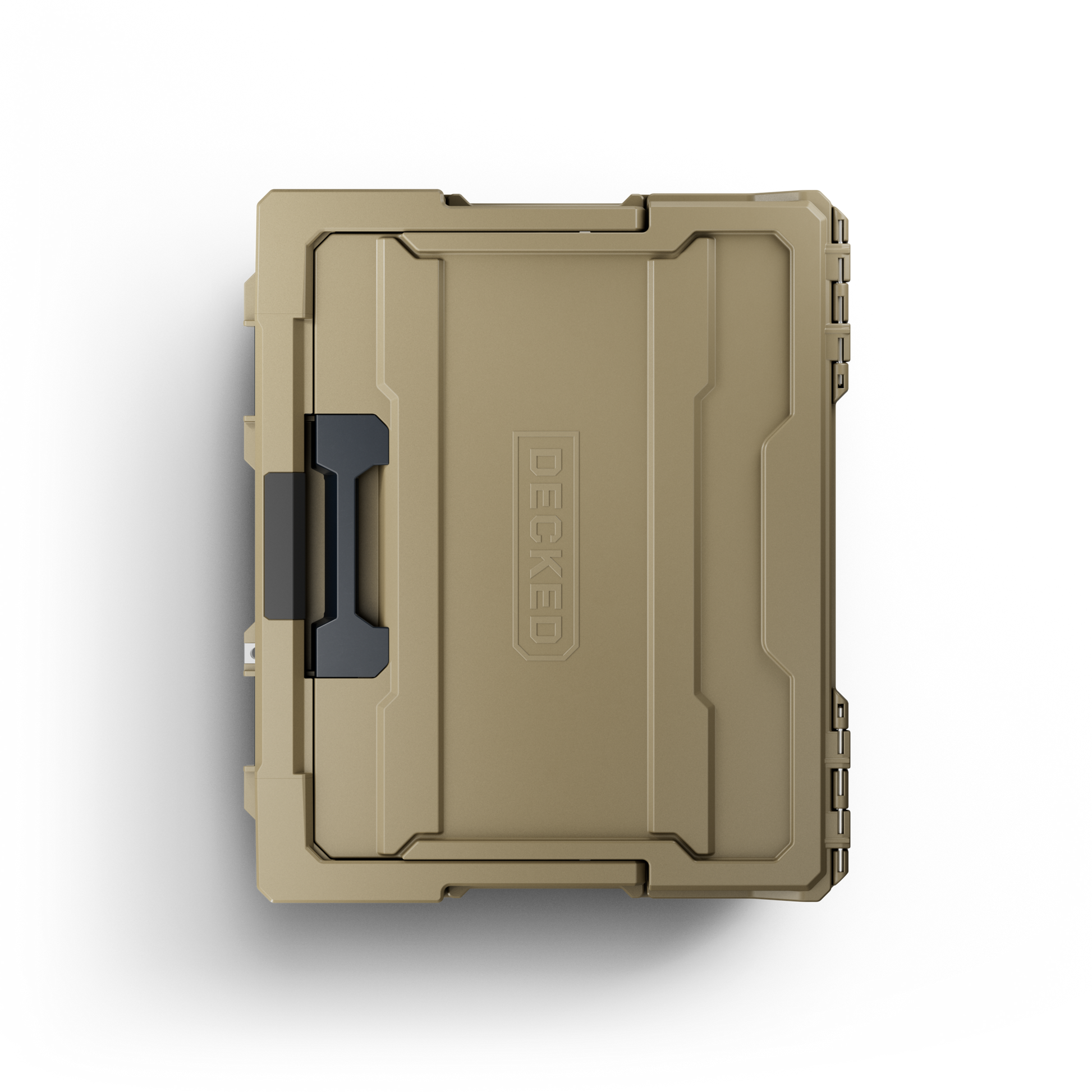 DECKED Halfrack 32 Case - Includes one (1) weatherproof 32-liter latching case and two (2) Case Dividers - In Desert Tan with black latches by DECKED