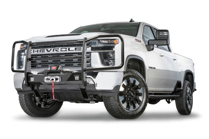 Warn Bolt-on full grille guard bundle for Trans4mer mounting system. Welded tabs allow for mounting of lights and offers increased protection for the OE bumper, winch, vehicle grille, headlights, and fenders.