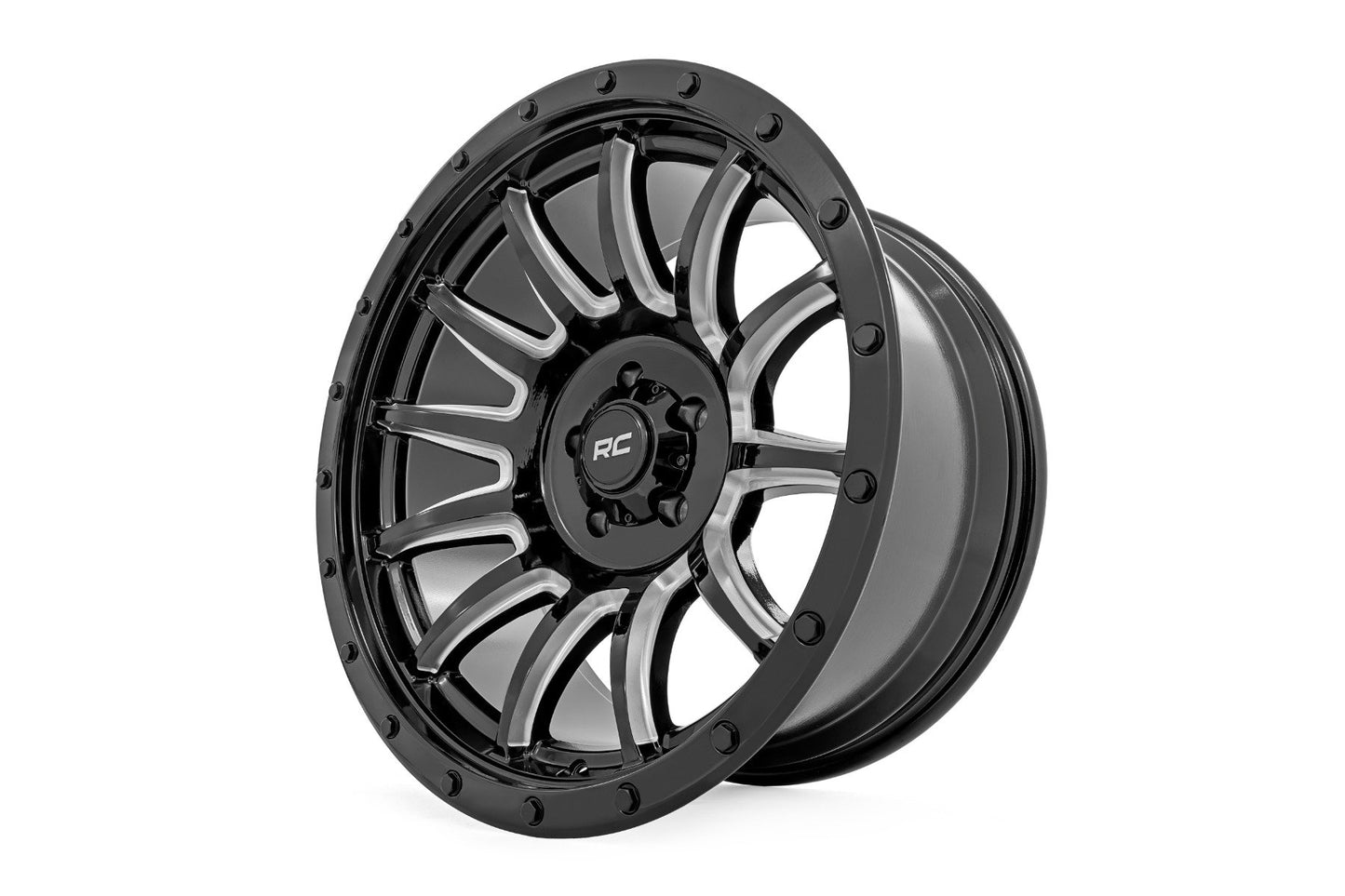 Rueda Rough Country Serie 90 | Una pieza | Negro brillante con radios mecanizados | 20x10 | 6x5.5 | -19mm