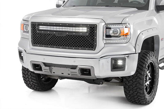 Rough Country Mesh Grille | 30" Dual Row LED | Black | White DRL | GMC Sierra 1500 (14-15)
